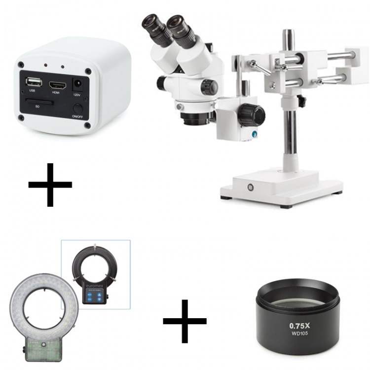 PACK - TRINOCULAIRE + PIED DOUBLE + ECLAIRAGE LED + 0.75X + CAMERA EUROMEX
